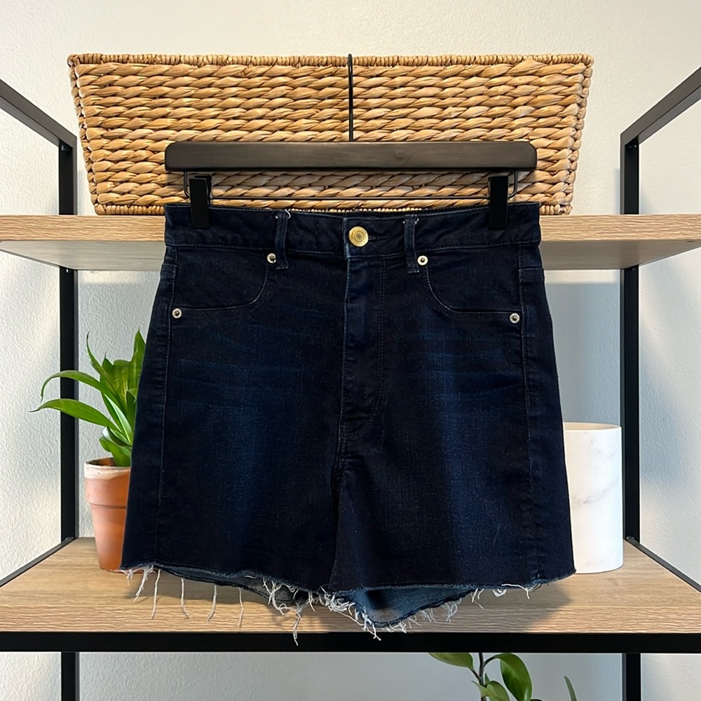 American Eagle Outfitters Hi-Rise Shortie Raw Hem Denim Dark Wash Shorts, 8